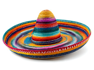 Colorful woven sombrero hat with stripes on a white background