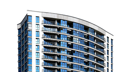 Modern highrise apartment building with sleek glass facade, curved geometric design, blue sky