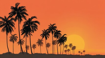 Obraz premium Silhouette of coconut palm trees against the orange sunset sky, illustration. tropical summer sunrise landscape, paradise travel evening, vacation holiday coast dusk twilight sundown.