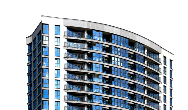 Modern highrise apartment building with sleek glass facade, curved geometric design, blue sky