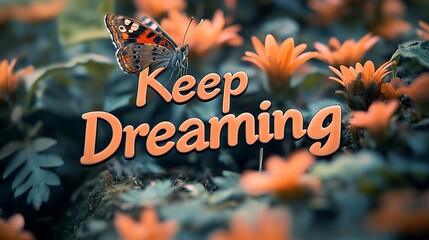 Floral Garden Style Inspirational Quote Keep Dreaming with Butterfly Background,Generative Ai