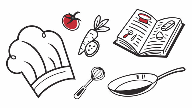 Culinary themed illustration featuring a chef's hat, vegetables, and cooking utensils and a recipe book