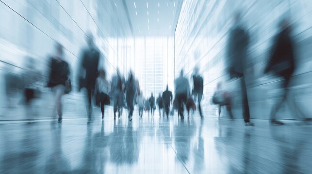 People hurry through a modern hallway filled with natural light. The atmosphere is dynamic and bustling, capturing the essence of city life during morning commute.