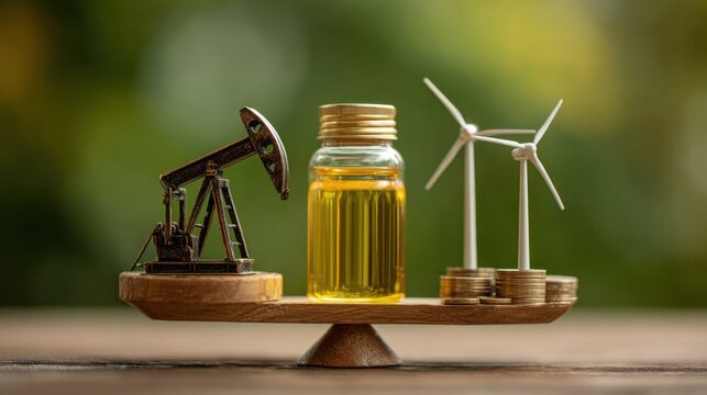A miniature oil pump and wind turbines sit next to a vial of yellow liquid and coins, illustrating the contrast between fossil fuels and renewable energy sources in a vibrant setting.