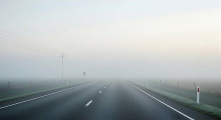 Fototapeta premium Empty Highway Vanishing In Dense Fog On A Rural Morning Landscape