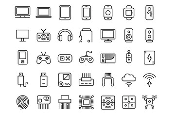 Technology Vector Icon Set flat line style black and white palette bundle