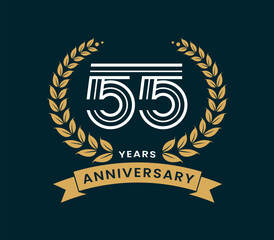 55 Years Anniversary with laurel wreath design vector illustration. Unique 55 years logo design template. In gold color