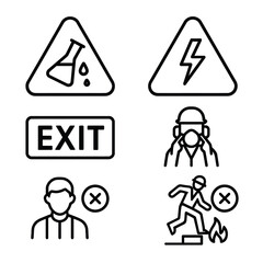Collection of safety warning icons including chemical hazard, electrical danger, exit sign, and personal protective equipment symbols.
