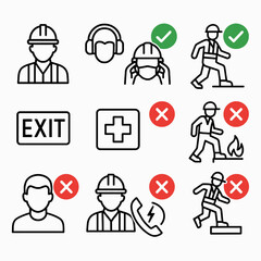 A comprehensive set of line art icons illustrating essential workplace safety rules, personal protective equipment, and hazard prevention guidelines.