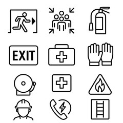 Collection of safety and emergency icons including exit sign, fire extinguisher, first aid kit, and safety helmet.