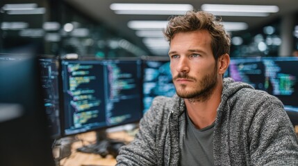 Fototapeta premium A software developer at work. A man sits at a desk in a bright office and stares at computer screens with lines of code.