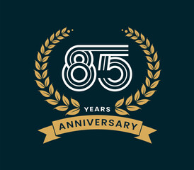 85 Years Anniversary with laurel wreath design vector illustration. Unique 85 years logo design template. In gold color