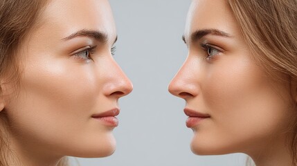 A woman with a close-up of her profile displaying the nose before and after a non-surgical nose job illustrating the refined and balanced appearance