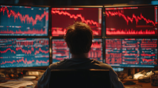 A man watches financial data on multiple computer screens in a dark office.