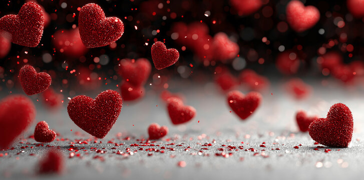 Sparkling red hearts floating and scattered on a glittering surface with bokeh lights - Powered by Adobe