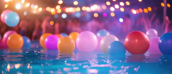 Vibrant poolside party at dusk with colorful balloons and festive lights