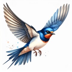 Obraz premium Detailed Watercolor Illustration of a Swallow in Flight with Blue Plumage