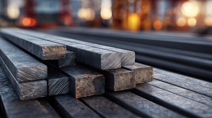 Close up of steel bars and cross section of steel beams in construction materials