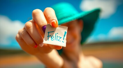 Joyful moment: Hand holding 'Feliz!' note against a blue sky backdrop