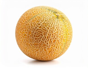 A ripe round melon with a golden-orange netted rind, isolated on a clean white background
