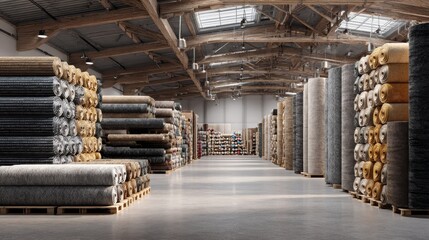 A spacious warehouse filled with neatly stacked rolls of carpeting, showcasing an organized setup for flooring materials.