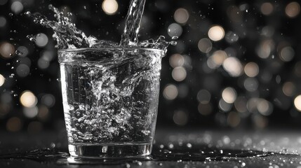 Close-up shot of clear water being poured into a glass, creating dynamic splashes and bubbles against a dark, bokeh-filled background.