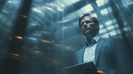 Thoughtful businessman in an elevator holding a digital tablet, looking up