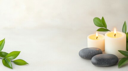 Zen Harmony: A tranquil scene of spa essentials featuring lit candles, smooth stones, and vibrant green foliage against a soft, neutral backdrop. Capturing moments of serenity and peaceful reflection.