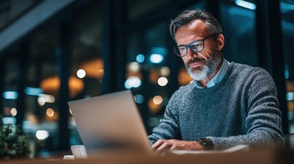 Mature business man executive manager looking at laptop computer watching online webinar training or having virtual meeting video conference taking notes, doing market research working in office., no