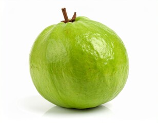 A plump green guava with a smooth surface and a short brown stem, isolated on white