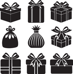 Silhouette Vector Set of Gift Boxes and Presents with Bows and Ribbons

