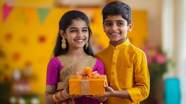 Brother giving gift to sister on rakshabandhan festival, hindu rakhi festival, 4k video 