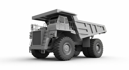 Gray 3D model of a large mining dump truck, front view, isolated on white background.