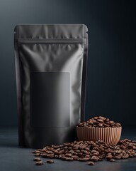 A black coffee bag is displayed with a ribbed bowl full of coffee beans