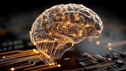 the image depicts a luminous, wireframe representation of a brain. the brain's structure is highlighted by glowing nodes at various points across its surface