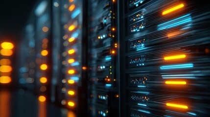 Futuristic server stack with glowing lights, representing advanced technology, data storage, and network infrastructure.