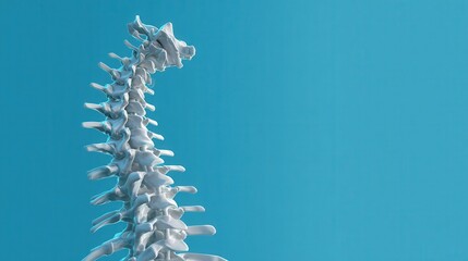 An anatomical illustration of a human spine and skeletal structure against a blue background.