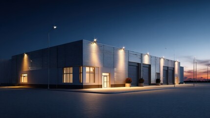 Obraz premium illuminated modern warehouse exterior at twilight