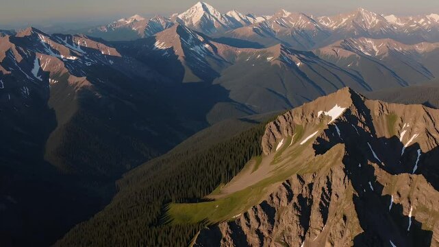 peaceful cinematic shot of high peaks from above including Vail  with snow caps and alpine meadows during a warm summer morning