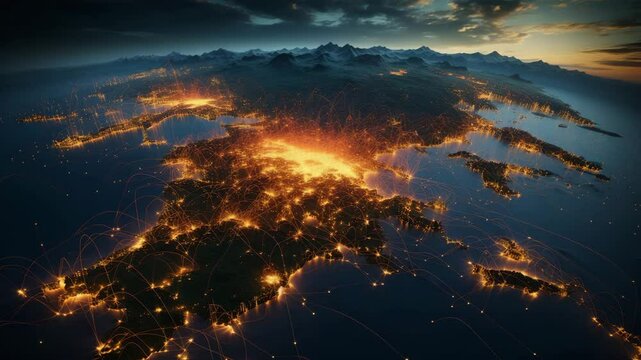  A cinematic depiction of the Central America map illustrating the expansive reach of an optical fiber network, rendered in hyper-detailed Unreal Engine aesthetics with exquisite color gra 4K