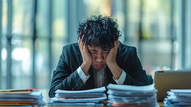 A stressed businessman holds his head in his hands amidst stacks of papers in an office