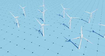 Wind turbine, technology, map, wind energy, model. Environment, sustainable energy, engineering, power generation, planning. 3D illustration