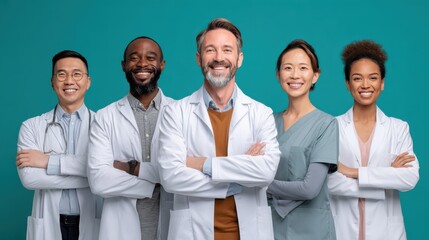 Fototapeta premium A multiracial team of healthcare professionals stands against a teal background demonstrating unity