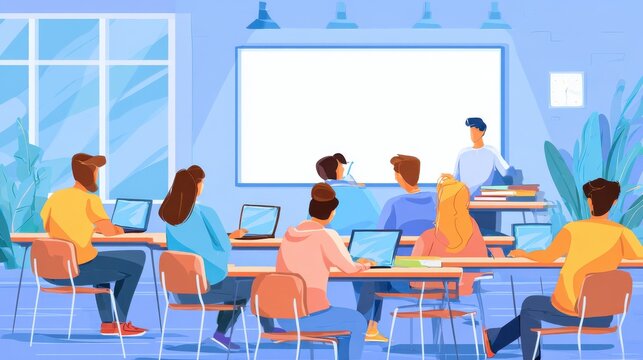 Students with laptops sitting around lector behind interactive board. Digital classroom, flipped class, blended learning and smart classroom. Modern education concept.Living coral blue vector, no log