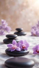 zen stones and orchid flowers on white sand vertical calm peaceful spa