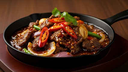 Spicy Javanese stir-fry oseng mercon in cast iron pan, full of chili and beef chunks, oily texture highlighted by natural side light