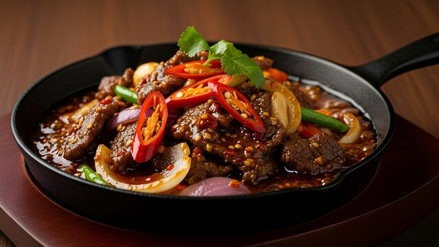 Spicy Javanese stir-fry oseng mercon in cast iron pan, full of chili and beef chunks, oily texture highlighted by natural side light