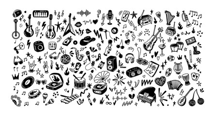 Hand drawn doodle rock, punk, pop music festival funky background. Karaoke, bachelorette girly party, disco graphic vector design. Emo goth grunge tattoo, graffiti, stickers, icons. Heart, star shape