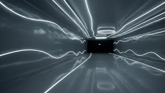 Futuristic illuminated tunnel with abstract wavy light lines creating a sleek digital pathway, leading into darkness with glowing reflections on the floor.