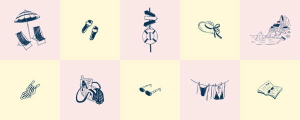 Fototapeta premium Set of summer beach vacations retro style posters. Hand drawn doodle sketch vector illustration. Grid vintage pastel background. Umbrella and chaise lounge chairs. Amalfi coastal landscape postcard